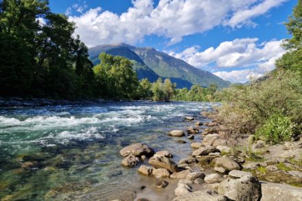 Fiume Ticino sotto il sole a Bellinzona il 18 maggio 2025. Foto: L. Panziera.
