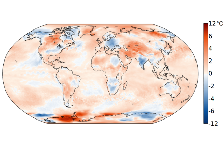  Distribuzione spaziale globale della temperatura media del mese di maggio, rappresentata come anomalia rispetto alla norma 1991-2020. Copernicus Climate CHange Service / ECMWF
