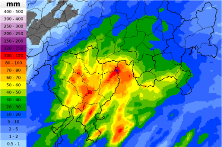 Mappa degli accumuli di pioggia sulle 24 ore, tra le 12 UTC del 4 giugno 2025 e le 12 UTC del 5 giugno 2025. Combinazione tra pluviometri e misure del radar meteorologico (CombiPrecip).