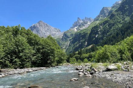 Fiume nelle Alpi svizzera in una soleggiata giornata estiva. 