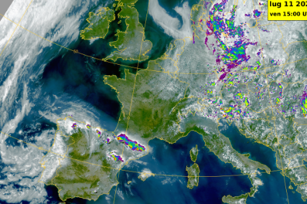 L’Europa vista dal satellite Meteosat MTG, con sovrapposte le precipitazioni rilevate dal radar
