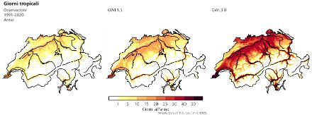 Tre mappe della Svizzera che mostrano il numero medio di giorni tropicali all'anno. La prima mappa mostra il numero di giorni tropicali per il periodo di riferimento 1991-2020, la seconda e la terza per un mondo futuro con un riscaldamento globale di 1,5 °C e 3 °C rispetto all'era preindustriale. Si nota un chiaro aumento del numero di giorni tropicali con l'aumento del riscaldamento globale.