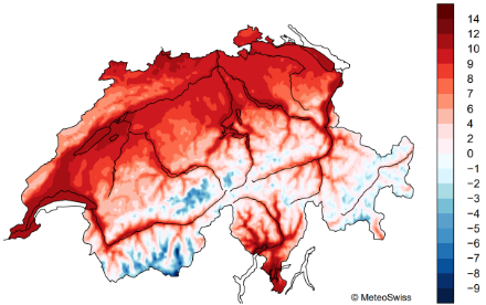 Carta della Svizzera con indicazione codificata a colori della temperatura media annuale. L’Altopiano, il Ticino e le vallate alpine sono colorate di rosso. Qui la temperatura media annuale varia tra 7 e 14 °C.
