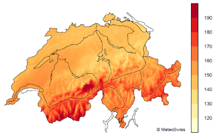 Carta della Svizzera con indicazione codificata a colori della radiazione globale. Nelle Alpi e in Engadina essa è superiore a 180 W/m2. Sull’Altopiano la radiazione globale varia tra 130 e 160 W/m2.