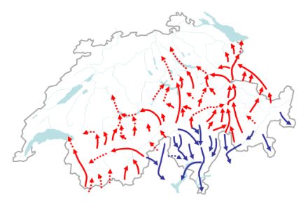 Carta della Svizzera con le vallate percorse dal favonio da sud. Esse si estendono dall’Alto e Basso Vallese all’ovest, all’Haslital e alle Valle della Reuss, fino alla Valle del Reno all’est.