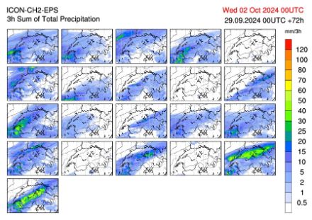 21 kleine Schweizer Karten mit farbcodierten Angaben zur erwarteten Niederschlagsmenge